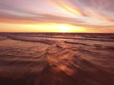 Evening flight over the pink  sea with seagulls Stock Footage 71363566