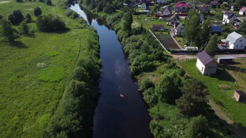 Evening flight over the river among the fields Stock Footage 157696883