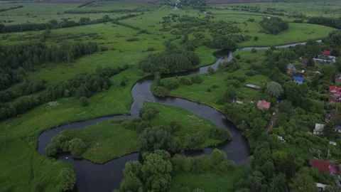 Evening flight over the river among the fields Stock Footage 157697270