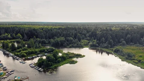 Evening fly over docks to a forest Stock Footage 109606984