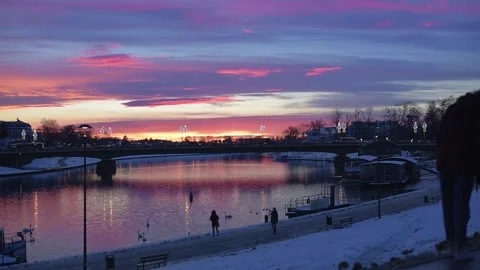 Evening footage of boulevards by Vistula River in Krakow. Footage FHD Stock Footage 146989902