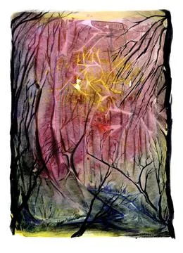 Evening forest, abstraction on the theme of nature. Watercolor landscape. 스톡 일러스트