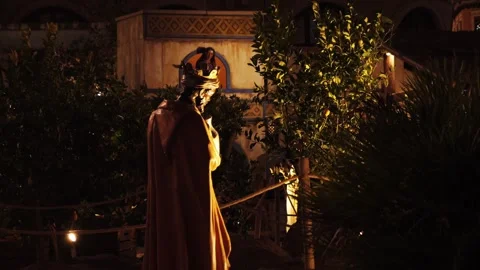 In the evening garden there is a statue of the Nativity scene. Stock Footage 312668728