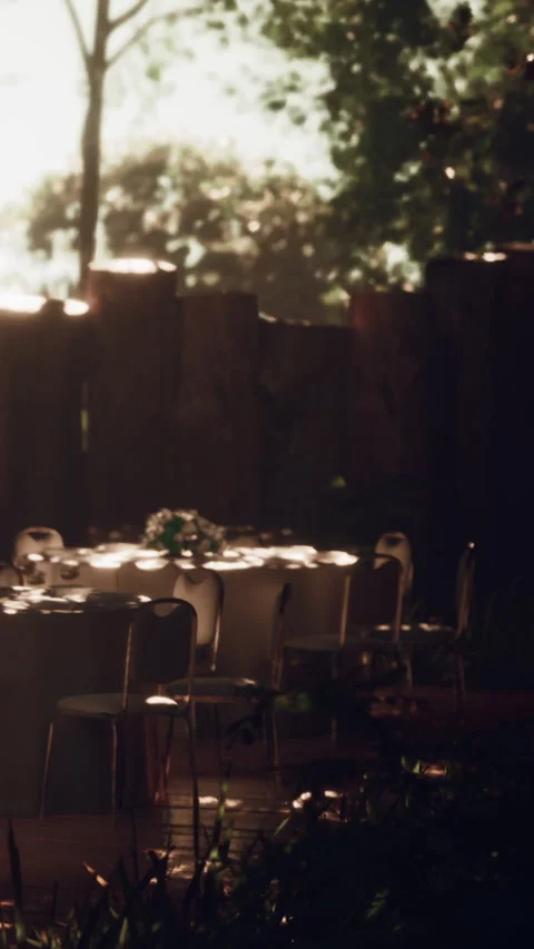 Evening gathering at a table in a natural setting with chairs arranged Stock Footage 338375579