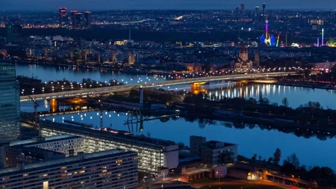 Evening Glimpse of Vienna's Skyline and Riverfront Time-Lapse Stock-Footage 312928899