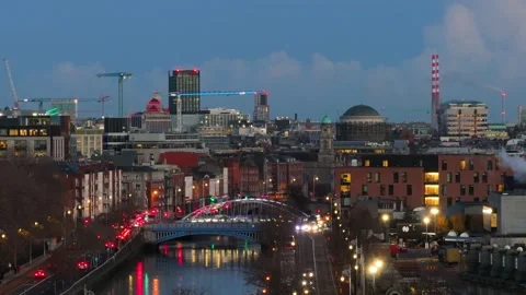 Evening Glow Over Dublin with River and Bridge in View Stock Footage 332444540