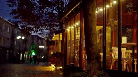 Evening glowing showcase of a cafe on a dark street in the city. slow motion Stock Footage 158562542