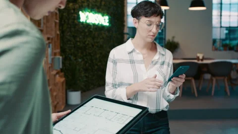 Evening, hands and tablet screen with architect people in office for Stock Footage 331127598