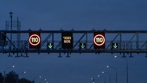 Evening highway overpass features red "110" exit signs Stock Photos