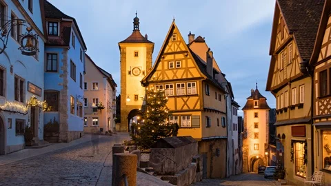Evening hyperlapse of Rothenburg ob der Tauber at Christmas Stock Footage 120197532