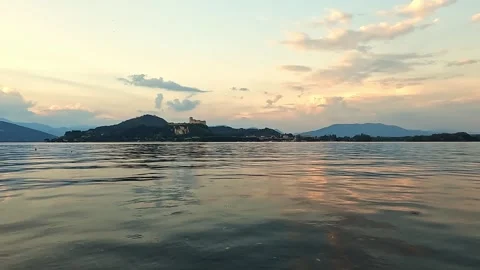 Evening Lakeside View Admiring Angera Fortress Silhouette Video stock 333598985