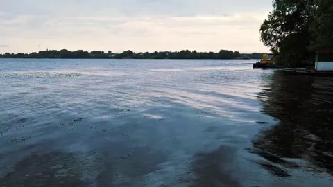Evening landscape of a lake with calm water and a distant shore. Stock Footage 312589999