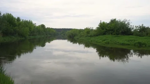 Evening landscape with the last rays of the sun. Morning by the river in summer. Stock Footage 171413285