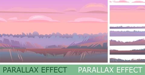 Evening landscape with parallax effect. Rural countryside beautiful view. Twi Stock-Illustration