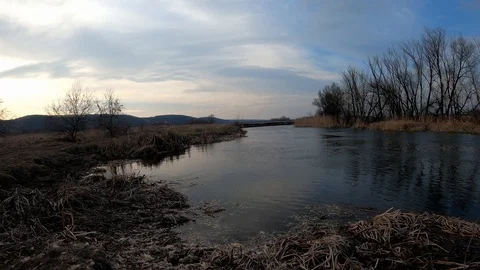 Evening landscape of the river decorated with flying flakes of down Stock Footage 126053591