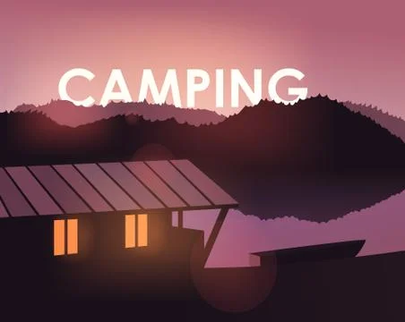 Evening landscape on the river. Vector illustration. Lake house Stock Illustration