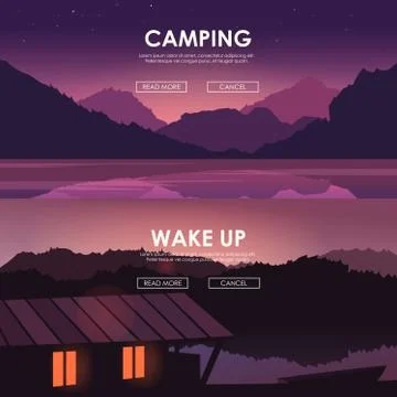 Evening landscape on the river. Vector illustration. Lake house Stock Illustration