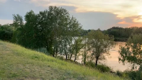 Evening landscape in summer at sunset by the river Stock Footage 145731104