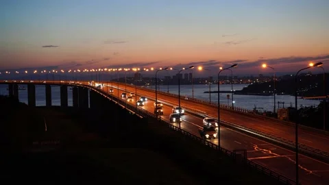 Evening landscape with a view of the Russian bridge. Stock Footage 137635739