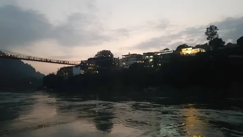 Evening at Laxman Jhula Bridge in Rishikesh Uttarakhand Stock Footage 98276035