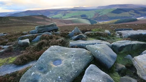 Evening light over Derwent Edge, Upper Derwent Valley, Peak District Stock Footage 97563512