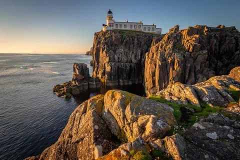 Evening light over Neist Point Lighthouse, Isle of Skye Stock Photos
