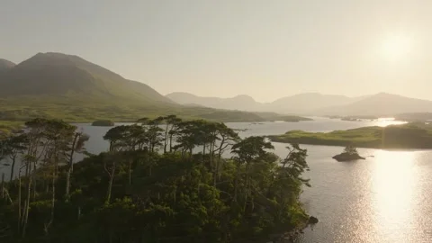 Evening Light Over Pine Island Peninsula and Connemara Lakes, Drone. Ireland R Stock Footage 342666136