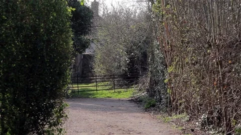Evening Light Settles on Lane to Farm Yard with Closed Gate Stock-Footage 49074652