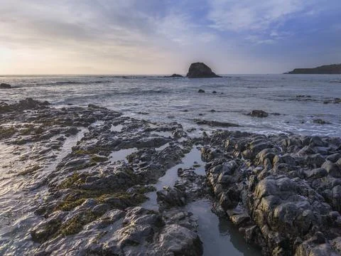 Evening light at Widemouth Bay Cornwall 스톡 사진