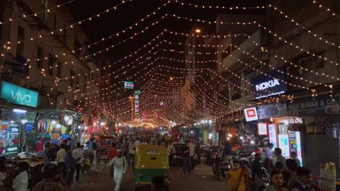 Evening at Main Bazaar street, decorated for Diwali celebration. Stock Footage 148379428