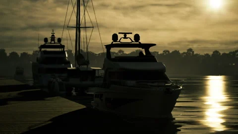 Evening marina view. Calm waters reflect fading light with silent boats Stock Footage 341827388