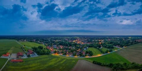 Evening mood over a arial view shot of a little town in germany. Stock Photos