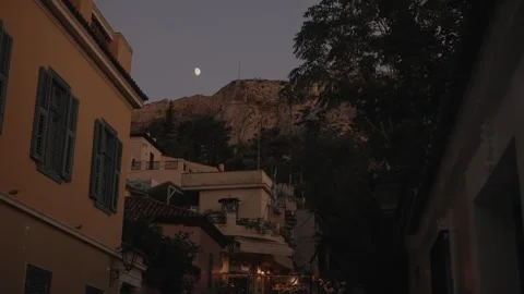 Evening Moon Over Plaka Streets and Acropolis Hill, Athens, Greece Urban Skyline Stock Footage 342061685