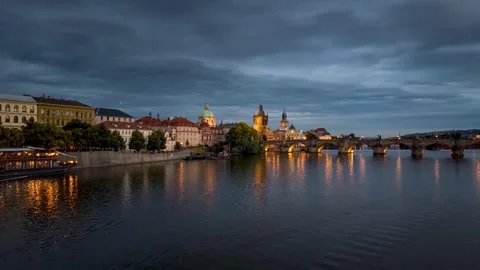 Evening motion time lapse view of the cityscape of Prague Stock Footage 281827406