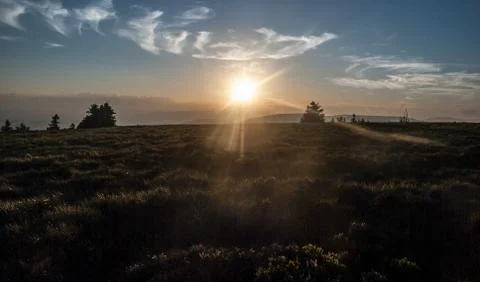 Evening mountain meadow with isolated trees and hills  on Jeleni hrbet hill a Stock Photos