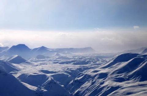 Evening mountains in mist Stock Photos