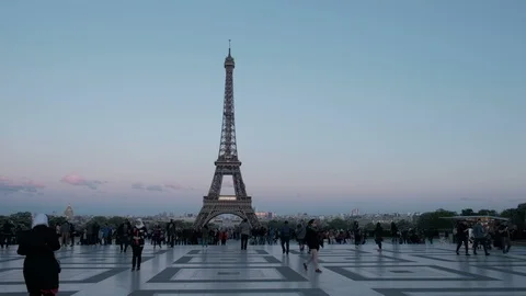 Evening Pan Left Reveal Distant Eiffel Tower Trocadero Platform View Paris Stock Footage 93722982