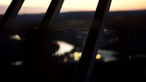 Evening Panorama Through Metal Struts, Blue Hour Countryside, Elevated Wide View Vídeo Stock 341302015