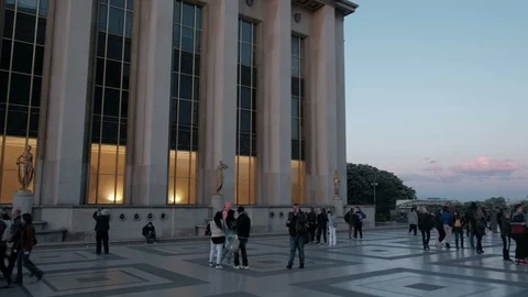 Evening Panoramic Pan Right Distant Eiffel Tower Trocadero Platform View Paris Stock Footage 93722968