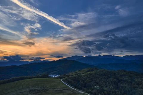 Evening panoramic view of mount with beautiful sky. Sunset in mountains Stock Photos