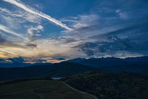 Evening panoramic view of mount with beautiful sky. Sunset in mountains Stock Photos