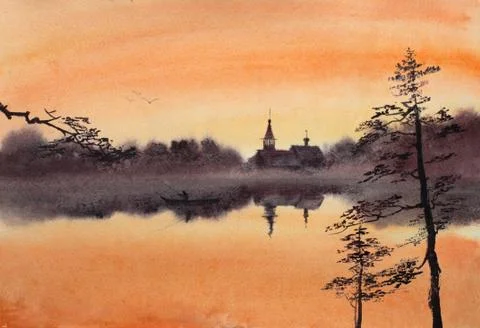 Evening peace over the river Stock Illustration