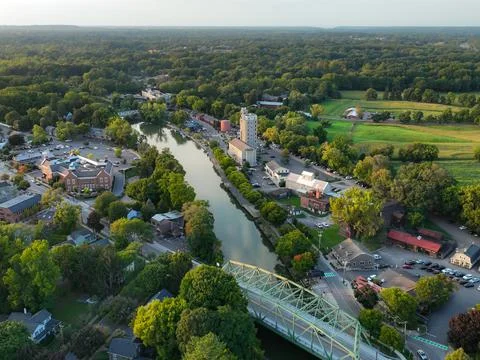 Evening photo of Schoen Place and Erie Canal in the Village of Pittsford, NY. Stock Photos