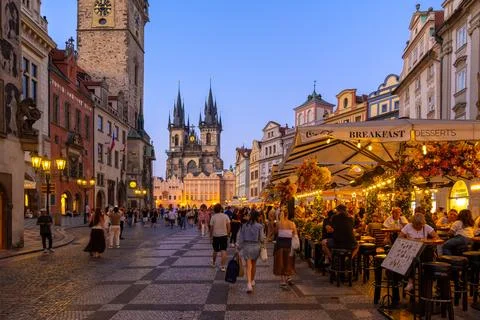 Evening At Prague Old Town Square In Czechia Stock Photos
