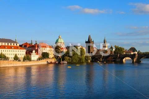 Evening Prague - Vltava river and Charle's Bridge Stock Photos
