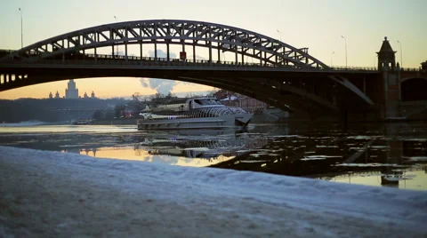 Evening quay in winter, river boat Stock Footage 47111053
