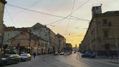 Evening rainy street of old town of Ukraine Lviv Stock Footage 198667053