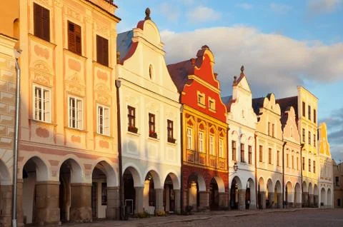 Evening red colored view of Telc or Teltsch town square Stock Photos