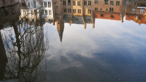 Evening Reflection In The Water Of The Old Stone European House Stock Footage 86694758