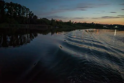 Evening river at sunset.view from the boat. Stock Photos